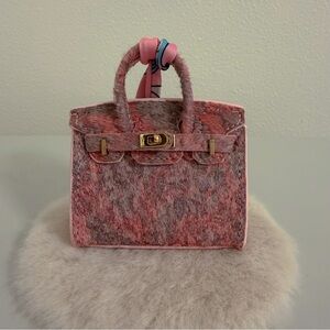 Genuine Leather Pony Hair Mini Bag Charm Pink Sparkly Purse Charm